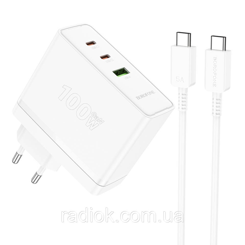 Мережевий зарядний пристрій Borofone BN11 USB/2 Type-C PD 100 W білий + кабель Type-C to Type-C, фото 1
