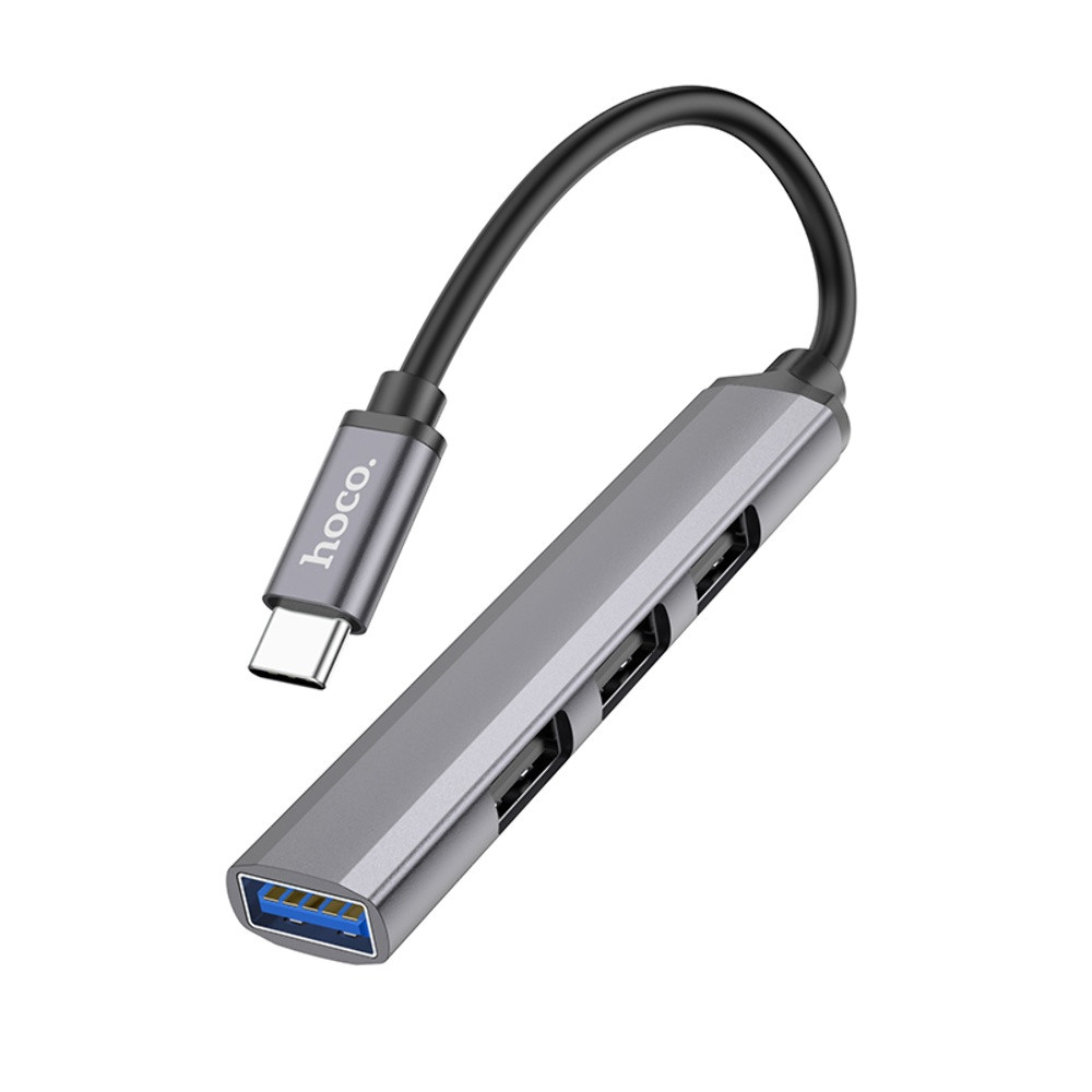 Мультиадаптер хаб Hoco HB26 4в1 Type-C to USB 3.0 (F)/ 3 USB 2.0 (F) 0.13m темно-сріблястий, фото 1
