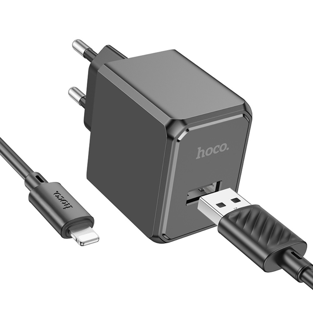 Мережевий зарядний пристрій Hoco CS11A USB чорний + кабель USB to Lightning, фото 1