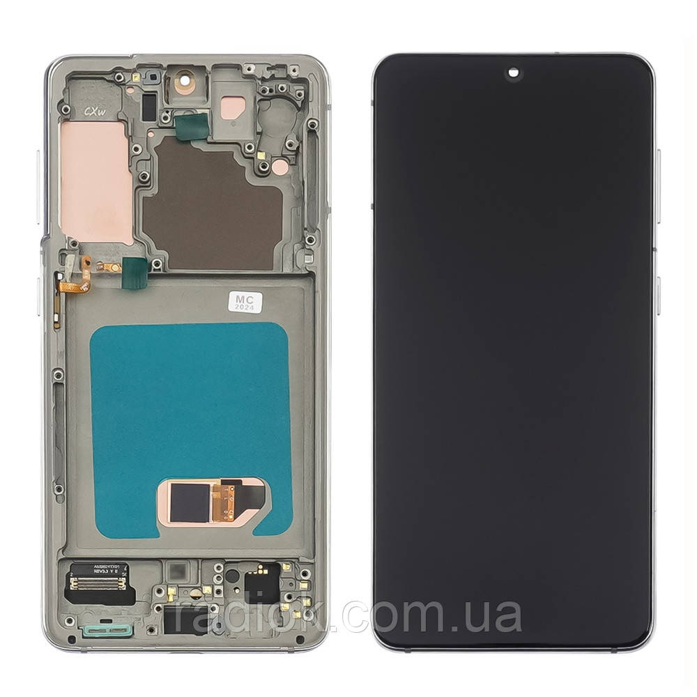 Дисплей для Samsung G990F Galaxy S21 з чорним тачскрином і сріблястою корпусною рамкою OLED
