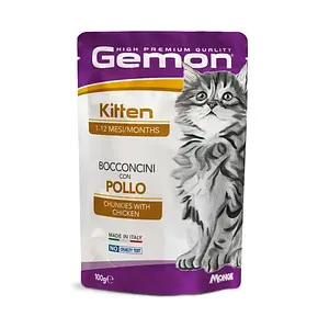 Вологий корм м'ясні шматочки в желе для кошенят Gemon Cat Wet з куркою 100 г 24 шт