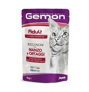 Вологий корм для кішок Gemon Cat Wet Adult шматочки з яловичиною та овочами 100 г 24 шт
