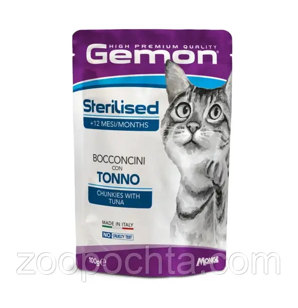 Вологий корм для кішок Gemon Cat Wet Sterilized шматочки з тунцем та рибкою дорі 100 г 24 шт
