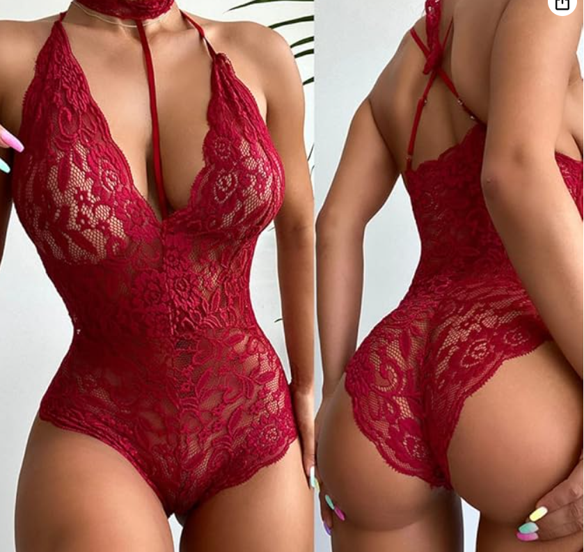 Червоне жіноче прозоре боді з мереживом