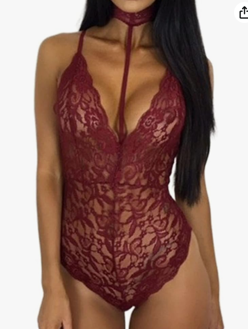 Жіноче мереживне боді з мереживним чокером бордового кольору.