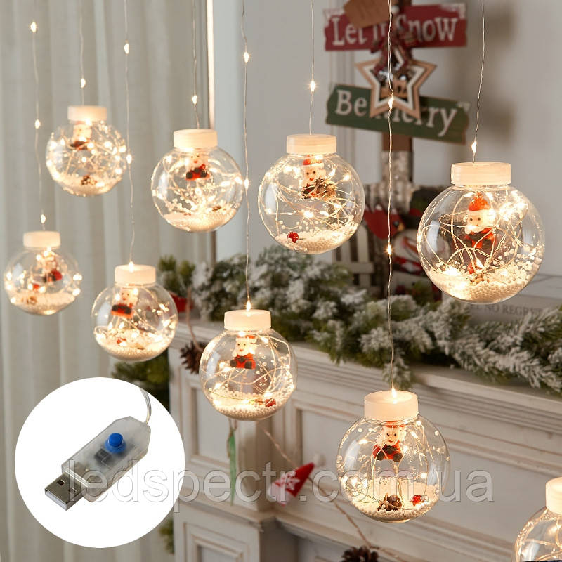 Гірлянда світлодіодна штора кулі роса з наповненням 10 шт. 3 м*0,8 м, з USB + батарейка, теплий білий, фото 1