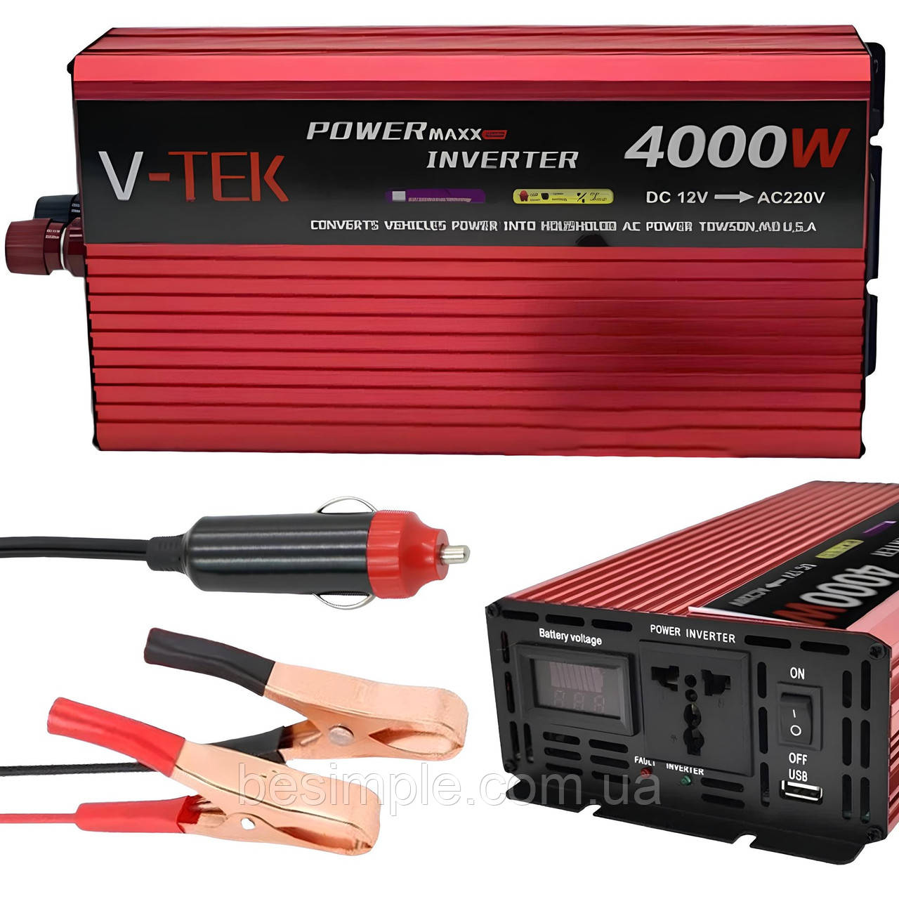 Автомобільний інвертор 4000Вт, 12V-220V + LED-екран, USB, V-TEK / Перетворювач напруги від прикурювача
