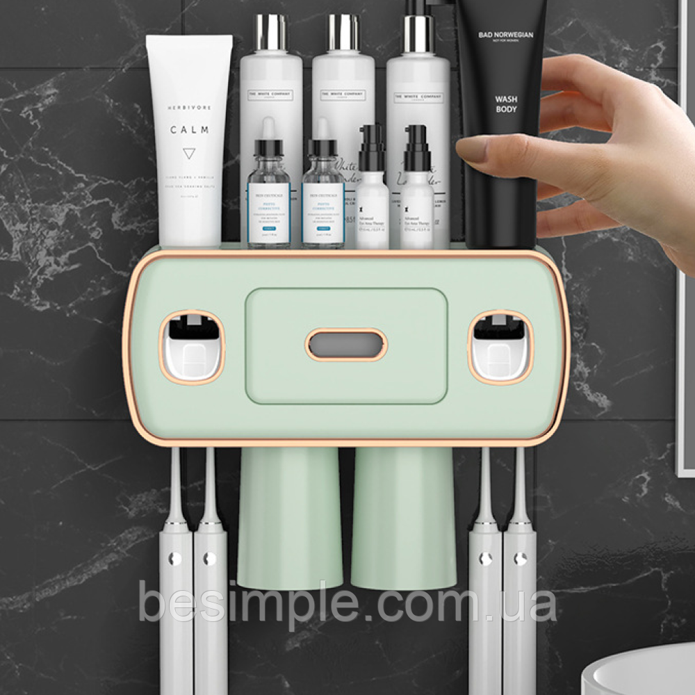 Дозатор для зубної пасти та щіток 27х21см + 2 стаканчики, Зелений / Тримач для зубних щіток настінний, фото 1