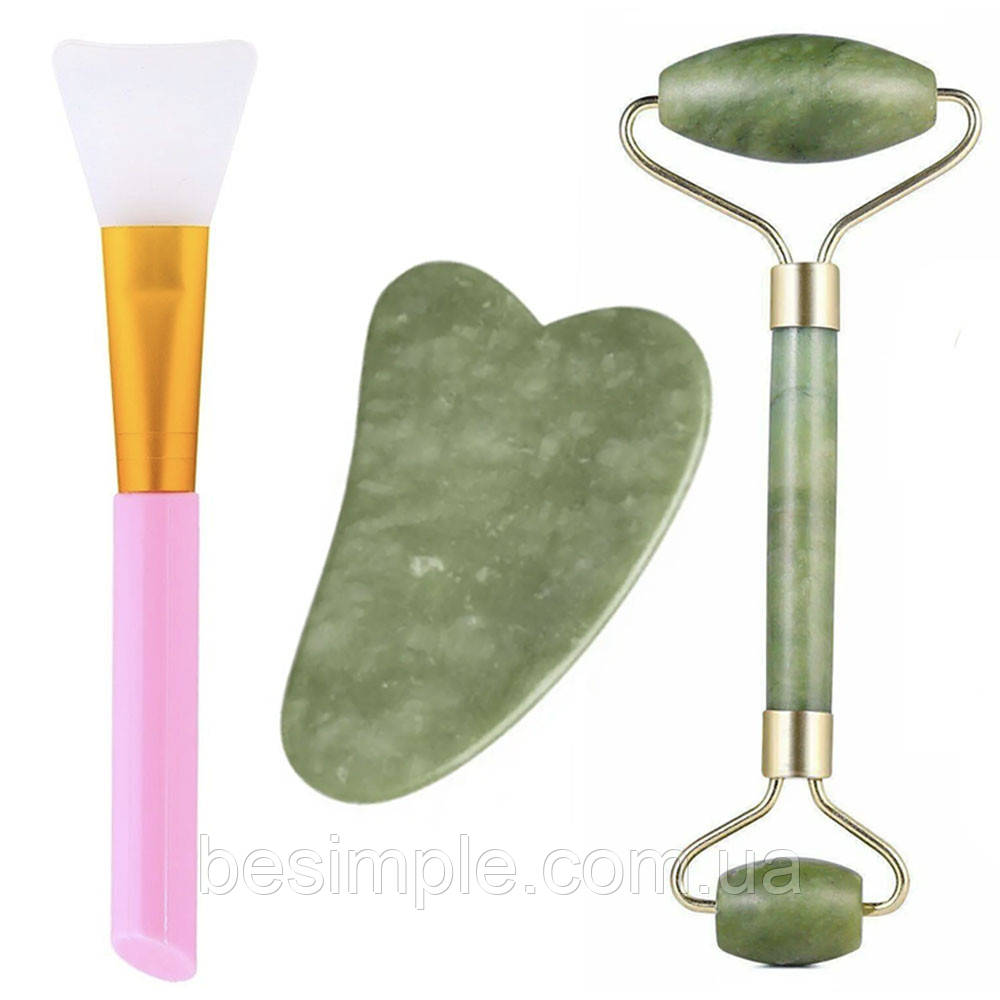 Роликовий масажер та скребок гуаша + кисть для нанесення масок / Нефритовий масажер для обличчя, фото 1