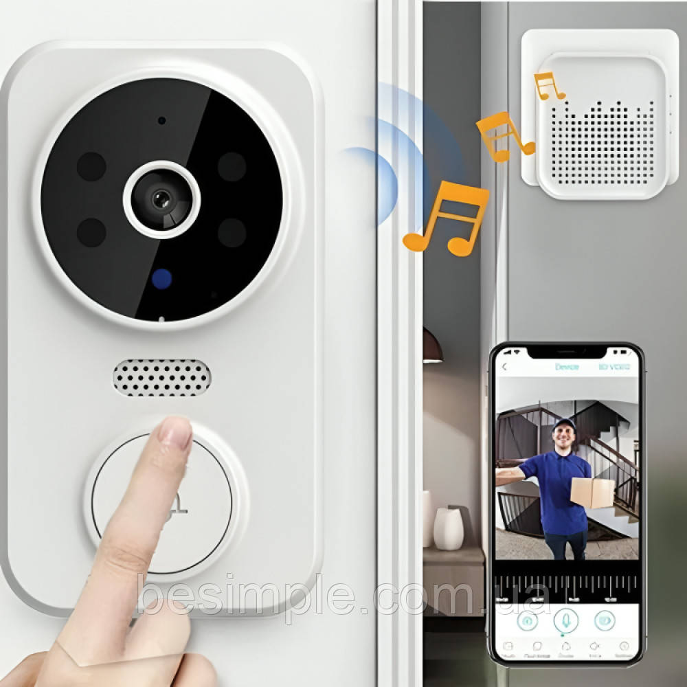 Розумний дверний дзвінок з камерою та віддаленим доступом Wi-Fi, M8, Білий / Бездротовий дзвінок / Відеодомофон, фото 1