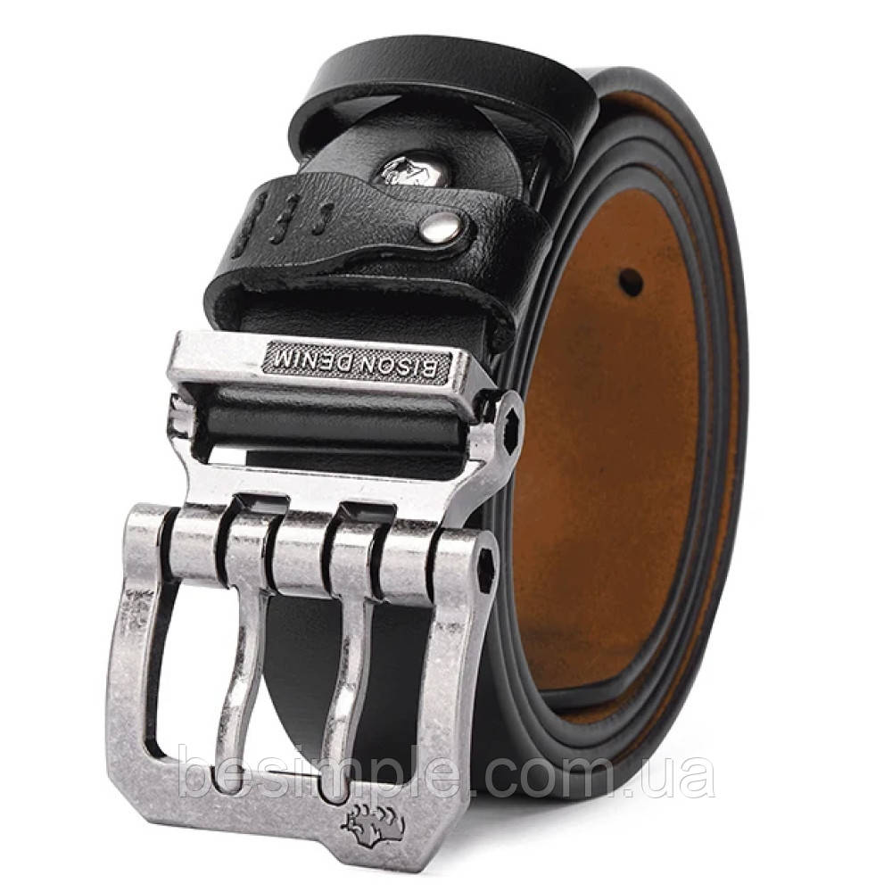 Чоловічий ремінь з натуральної шкіри, 125см, Bison, Чорний / Шкіряний ремінь під джинси / Ремінь під штани, фото 1