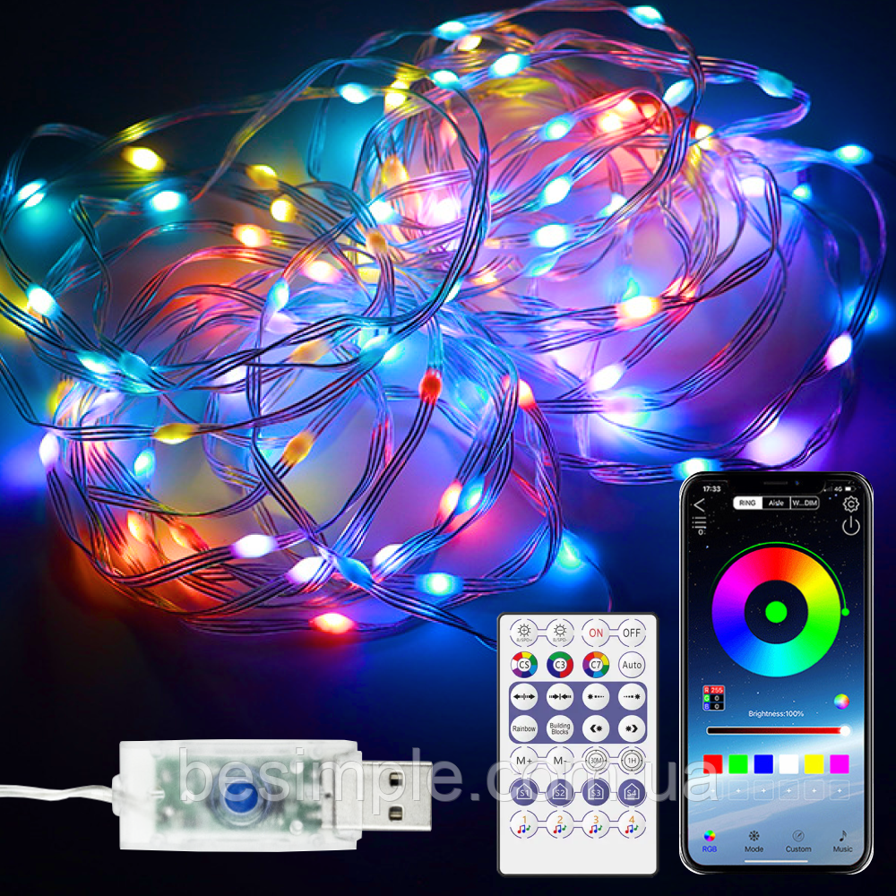 Світлодіодна стрічка від USB 20м RGB з Bluetooth + Пульт, Кольорова / Смарт гірлянда для дому / Розумна лед стрічка, фото 1
