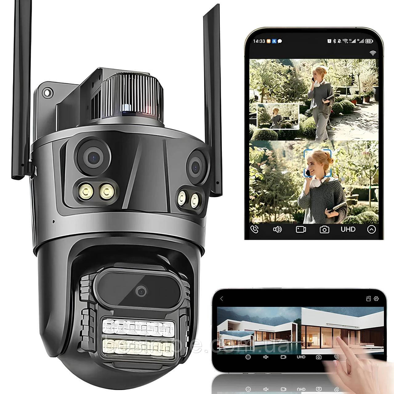 Потрійна IP-камера з сигналізацією WiFi (3×4mp), від мережі, Rotation P12 / Вулична камера відеоспостереження, фото 1