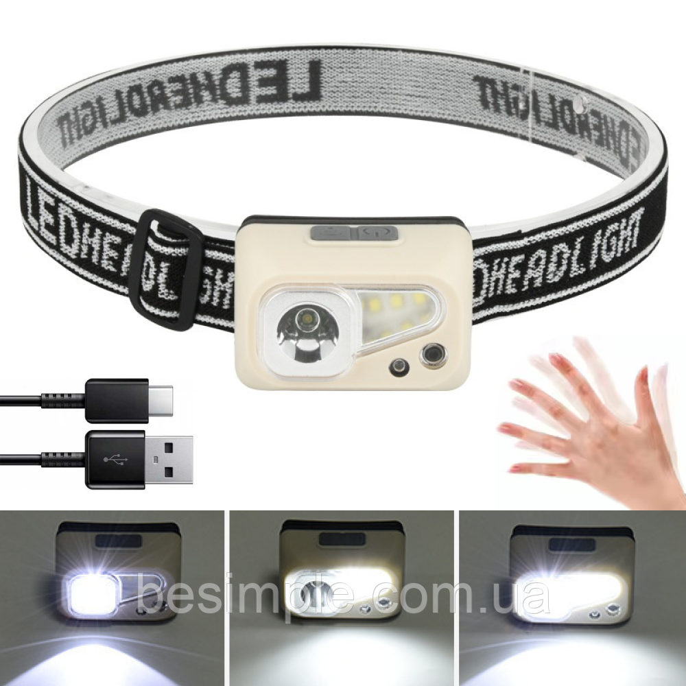 Налобний ліхтар акумуляторний з датчиком руху та USB, SH-S4 / Світлодіодний LED ліхтарик на голову, фото 1