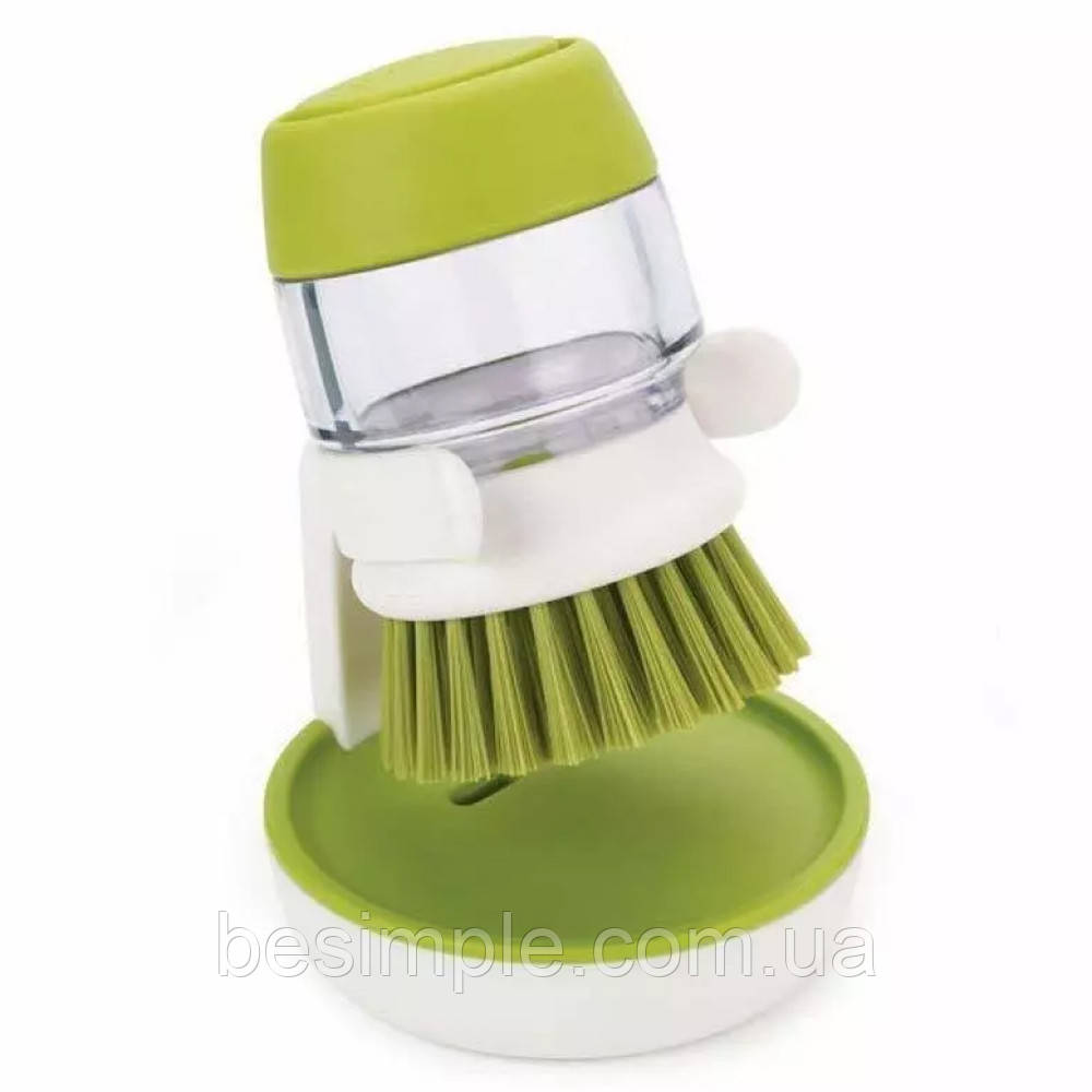 Щітка для миття посуду з дозатором + підставка, 100мл, Зелена / Ручний скребок для посуду / Щітка для кухні, фото 1