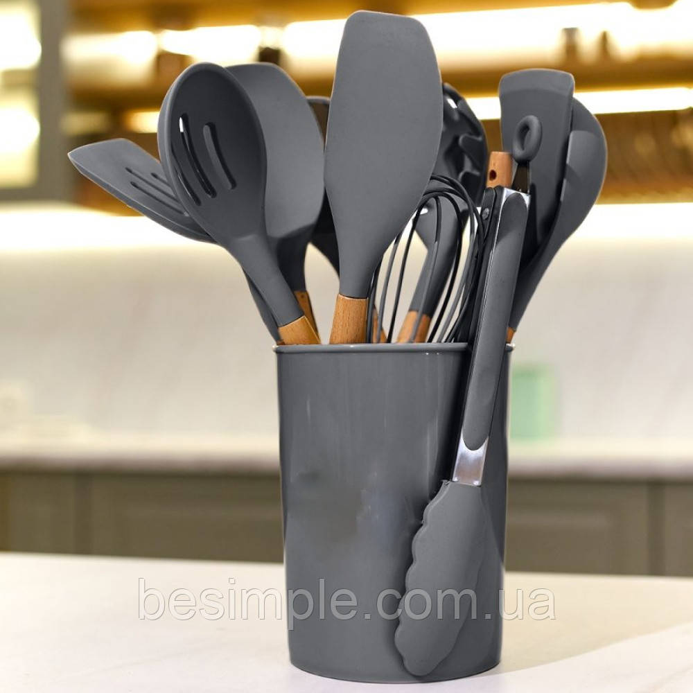 Набір кухонного приладдя 12шт Kitchen Set, Сірий / Силіконовий кухонний набір з підставкою, фото 1