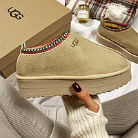 Зимові жіночі UGG Tasman Platform Beige Бежеві Взуття УГГІ Тасман низькі на платформі замша теплий щільний хутро