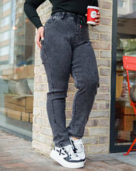 Жіночі повномірні джинси батали у сірому кольорі з утепленням байка розміри 48-58