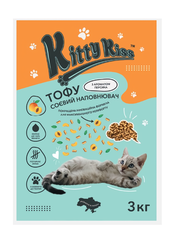 Наповнювач Кіті Кіс Kitty Kiss Тофу соєвий для котів з персиком, 3 кг