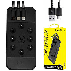 Повербанк 10000mAh, з бездротовою зарядкою + 3 перехідники, Budi M8J098 / Портативний акумулятор / УМБ