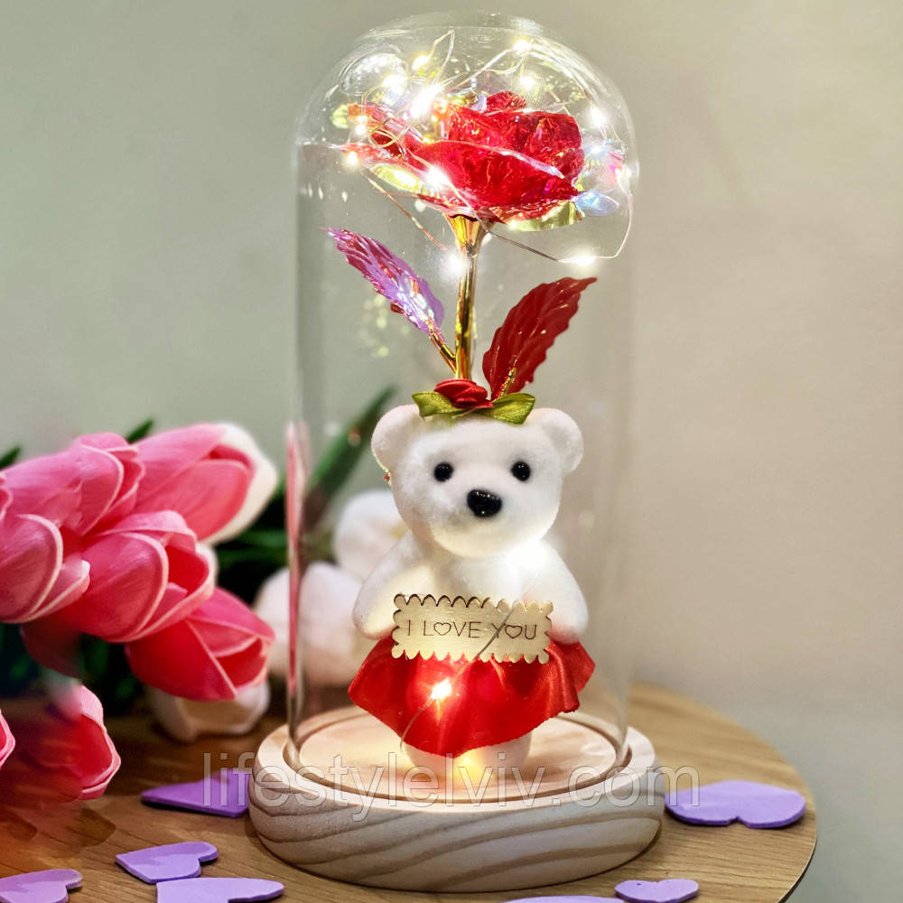 Троянда в колбі з ведмедиком та підсвічуванням 21см, на батарейках A-7 / Нічник вічна троянда під куполом / Подарункова троянда, фото 1