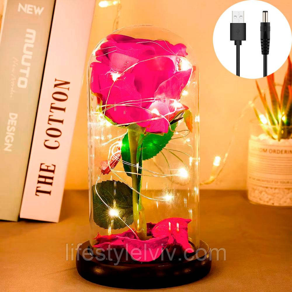 Троянда в колбі з LED підсвічуванням, 22см, від USB та батарейок, Рожева / Настільний нічник Квітка в колбі / Вічна роза, фото 1