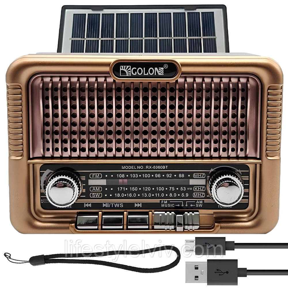 Радіоприймач із сонячною панеллю Bluetooth, USB, SD, RX-6060BT / Портативний ФМ радіоприймач з акумулятором