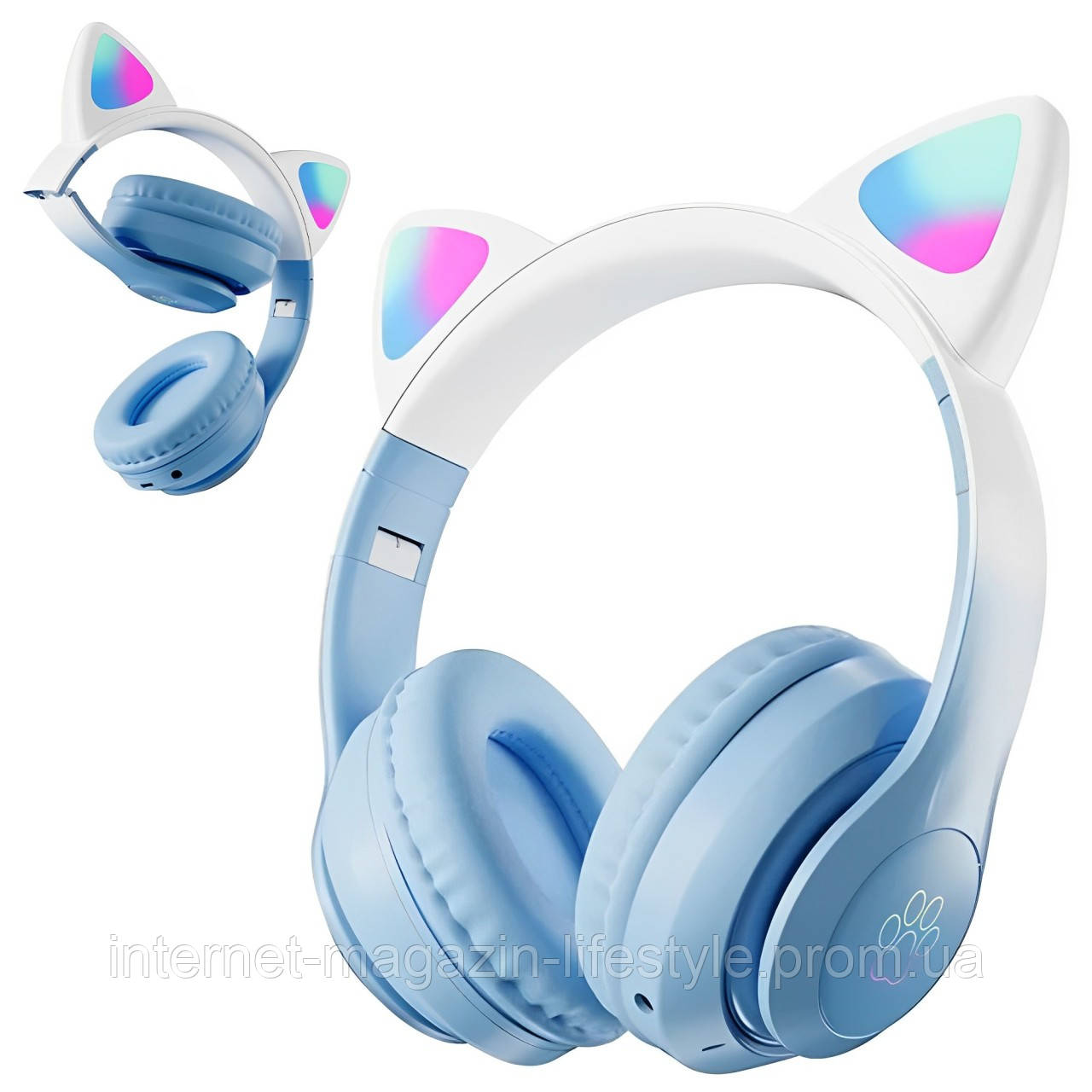 Bluetooth навушники з котячими вушками та підсвічуванням CAT STN-28 PRO, Блакитні / Дитячі бездротові навушники