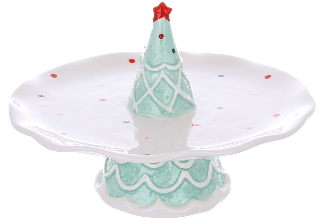 Підставка для тістечка керамічна Ялинка, 21.4*13.4 см, колір — тіффані з білим, фото 1