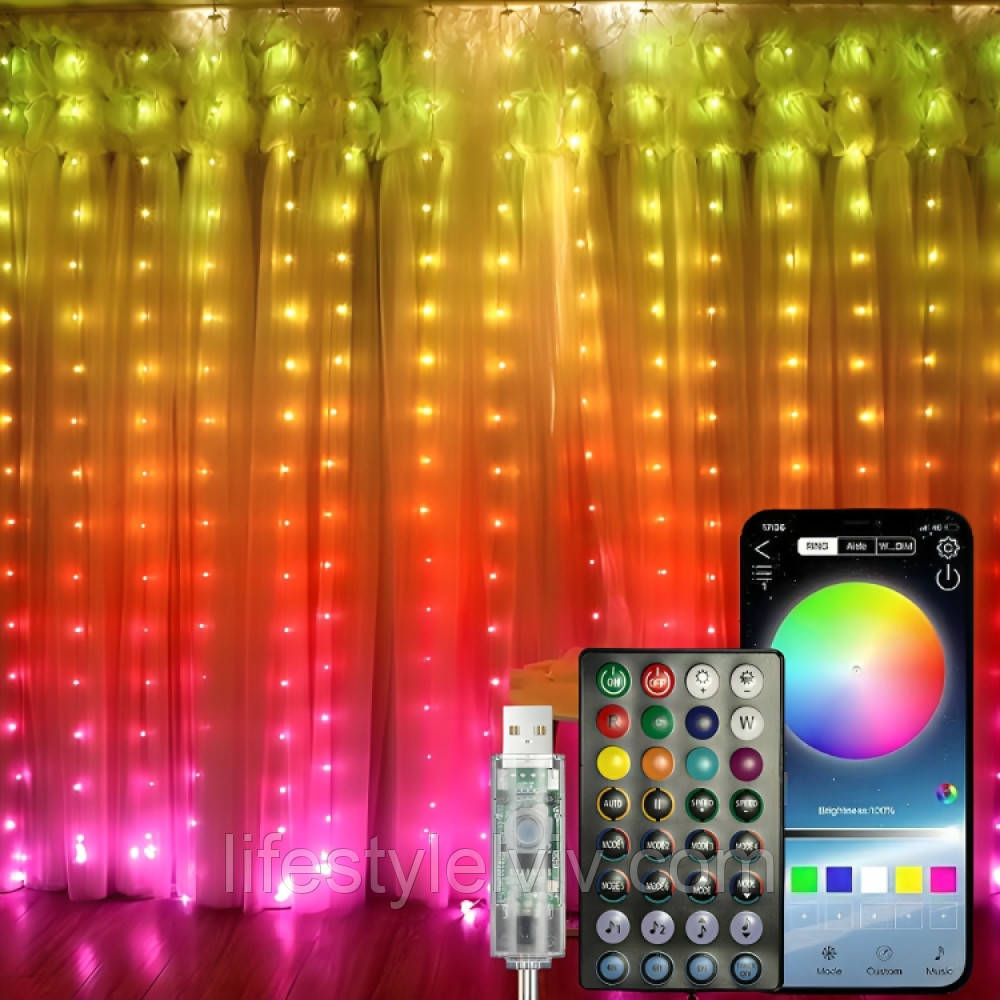 Смарт гірлянда штора + пульт, від USB, 3х2м, 200LED, Bluetooth, SFK-05, Різнокольорова / Смарт гірлянда водоспад для дому