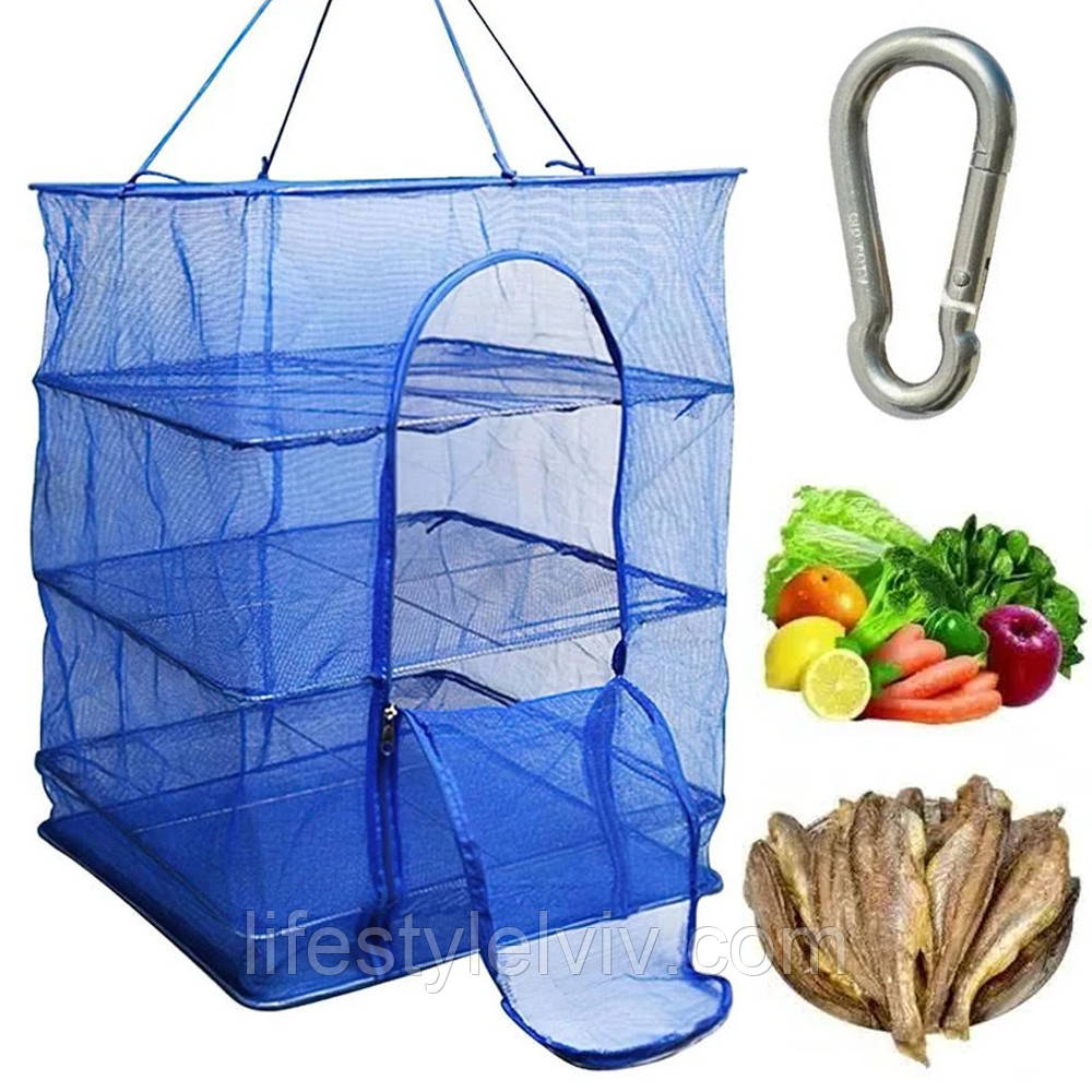 Сітка для сушіння продуктів з карабіном (60х40х40 см) 3 яруси / Сітка для сушіння фруктів / Сітка сушарка для фруктів, фото 1