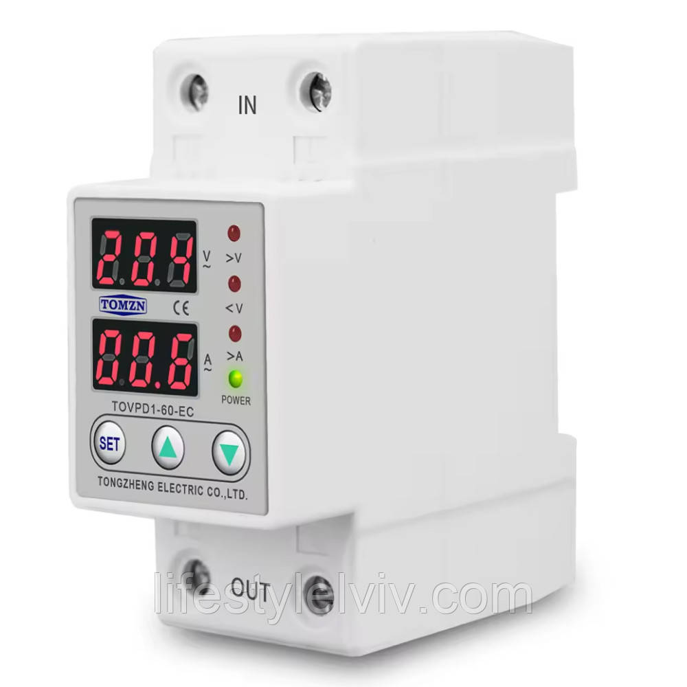Реле напруги та струму 60A, TOVPD1-60-EC TOMZN / Відсікач напруги / Захисне реле напруги в розетку