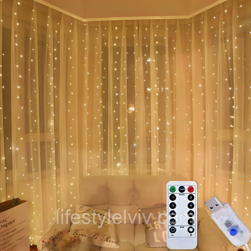 Гірлянда Штора Водоспад, від USB, 3x3м, з пультом, Жовте світло / Новорічна гірлянда на вікно від повербанку, фото 1