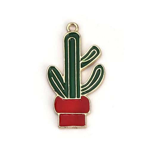 Підвіска металева Finding Кулон шарм вазон кактус Золотистий зелена червона емаль 31 мм x 17 мм, фото 1