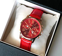 Жіночі кварцові наручні годинники Geneva M292 / Женева на шкіряному ремінці червоного кольору