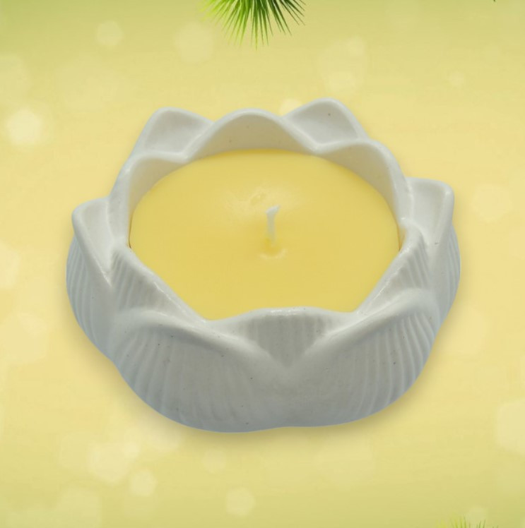 Інтер'єрна свічка з ароматом дині у свічнику «Лотос» - натуральний соєвий віск, ручна робота, фото 1