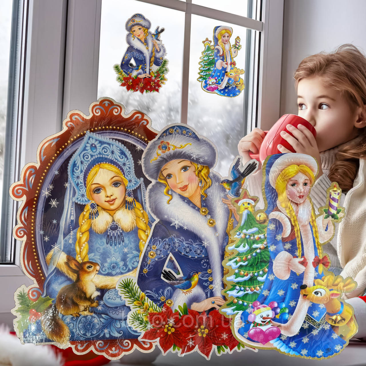 Святкові наліпки на вікно Снігуронька в асортименті