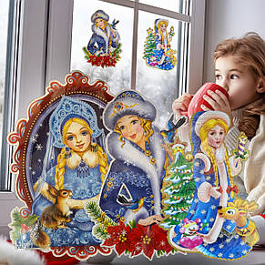 Святкові наліпки на вікно Снігуронька в асортименті, фото 1