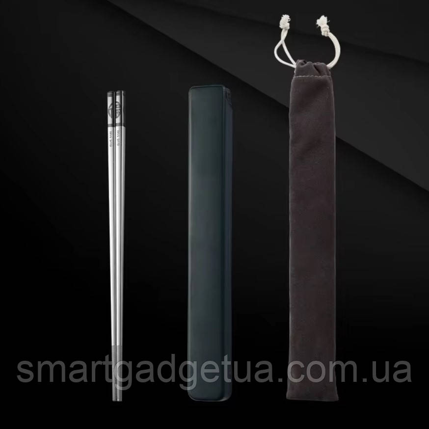 Преміум Китайські Палички для їжі в комплекті з Кейсом та Чохлом / Black / нержавіюча сталь 316L