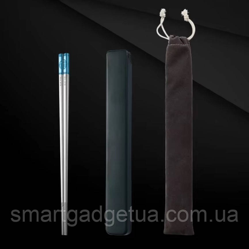 Преміум Китайські Палички для їжі в комплекті з Кейсом та Чохлом / Blue / нержавіюча сталь 316L
