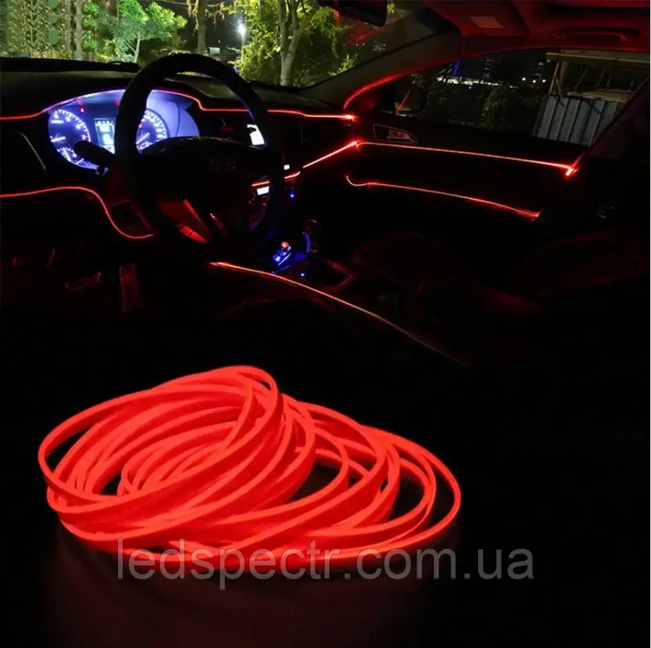 Автомобільний гнучкий холодний неон червоного кольору 5 метрів USB - Неонове Підсвічування салону авто, дверей
