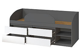 Ліжко "Брайт" з дитячим обмежувачем та ящиками 835x2032x840 Майстер Форм. Антрацит/білий (лівостороння)