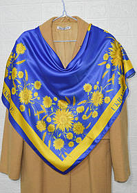 Хустка жіноча легка шовкова елегантна з принтом і візерунком патріотична  90*90 Соняхи окантовка двостороння