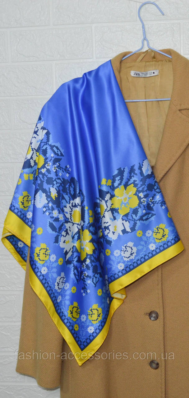 Хустка жіноча легка шовкова елегантна з принтом і візерунком патріотична 90*90 квіти піксель вишивка, фото 1