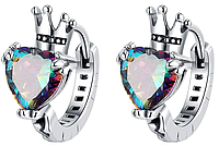 Срібні сережки Crown з веселковими сердечками 925 проба кульчики з короною