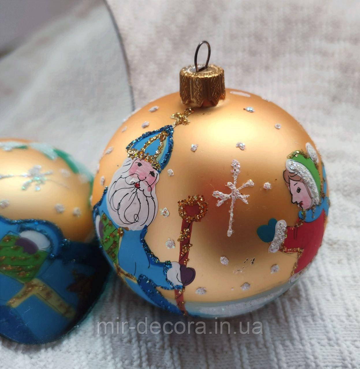 Скляні ялинкові іграшки, куля новорічна 80 мм, ручна робота "Святий Миколай", фото 1