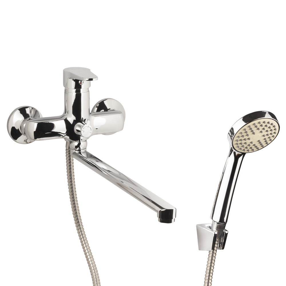 Змішувач для ванни (вилив прямий 350 мм, шланг 1,5 м, лійка, кронштейн) ТМ AQUATICA, фото 1