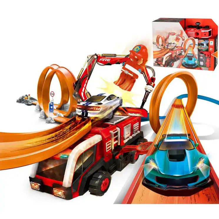 Дитячий гоночний трек Швидкісна траса з трампліном 2 мертві петлі фігурки металевa машинка змінює колір, фото 1
