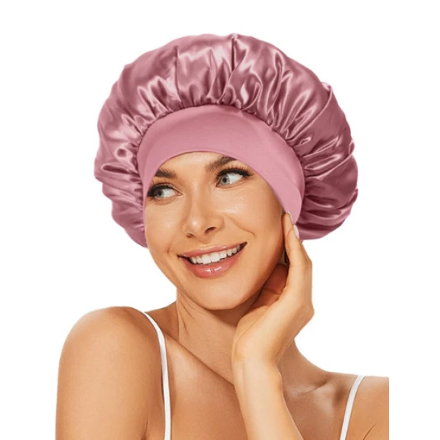 Нічна шапочка для сну жіночий чепчик для догляду за волоссям та обличчям атласна рожевий, фото 1