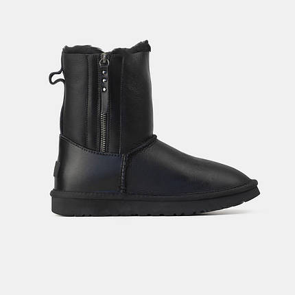 Зимові Жіночі Черевики UGG Short Double Zip Black Leather / УГГ Шорт Дабл Зіп Лезер Чорні, фото 1